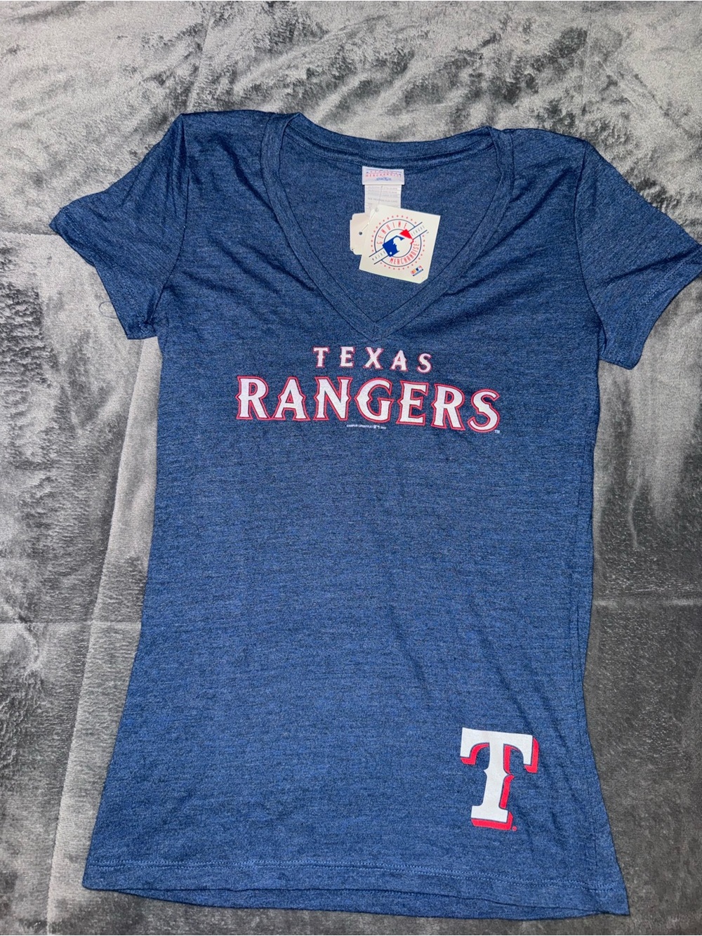 Texas Rangers Women's V-Neck Tee in Heathered Navy with Red/White Accents